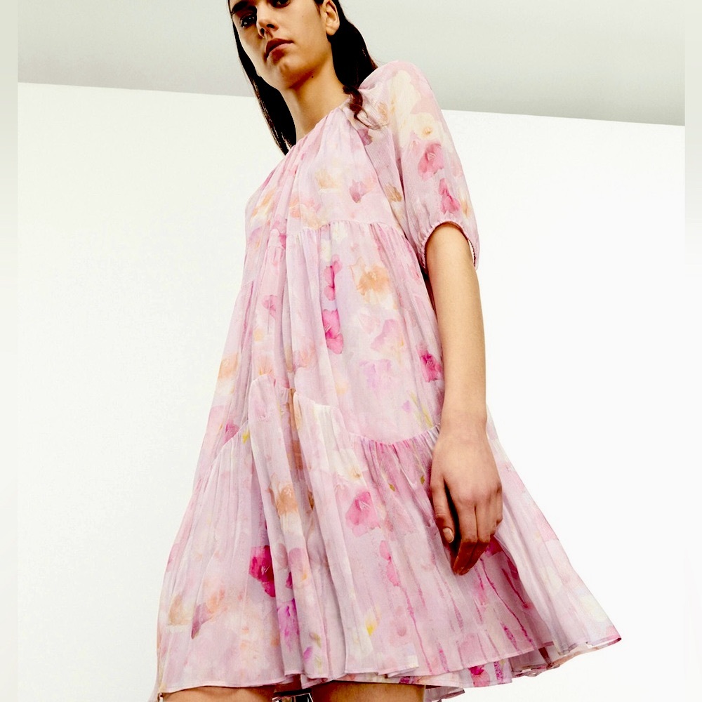 New The Kooples Pink Floral Print Tiered Dress